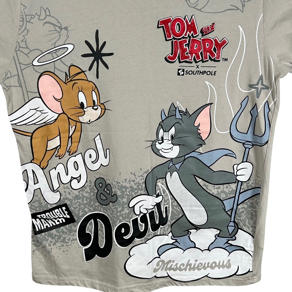 Southpole Tom and Jerry Angel Devil Graphic T-Shirt Mens Medium Tan Streetwear